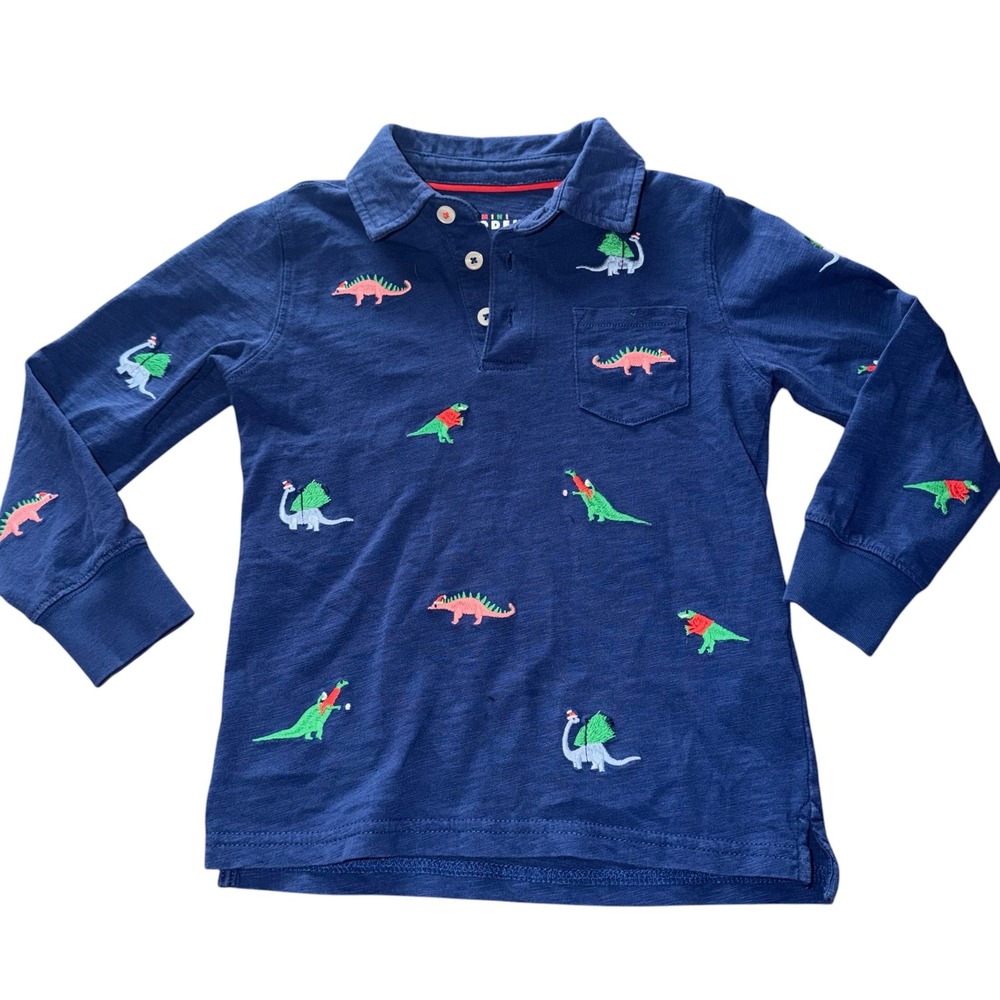Mini Boden Boys 5-6Y Dinosaur Embroidered Polo Shirt Navy Long Sleeve Cotton
